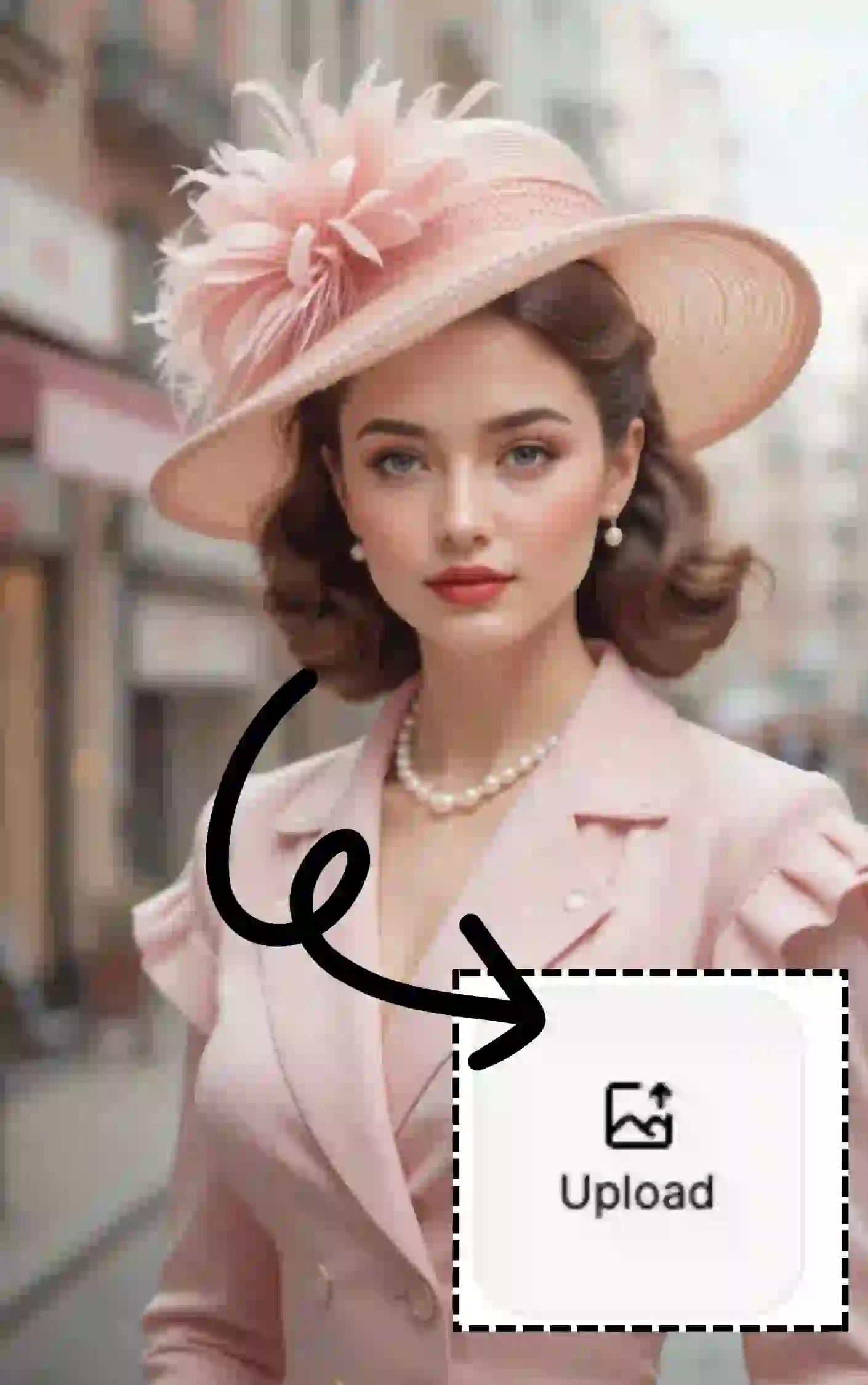 This is ai age progression Step 1. You can upload a photo of a person you like or a portrait of yourself. This is a photo of a girl wearing a pink outfit, a hat, and with exquisite makeup.