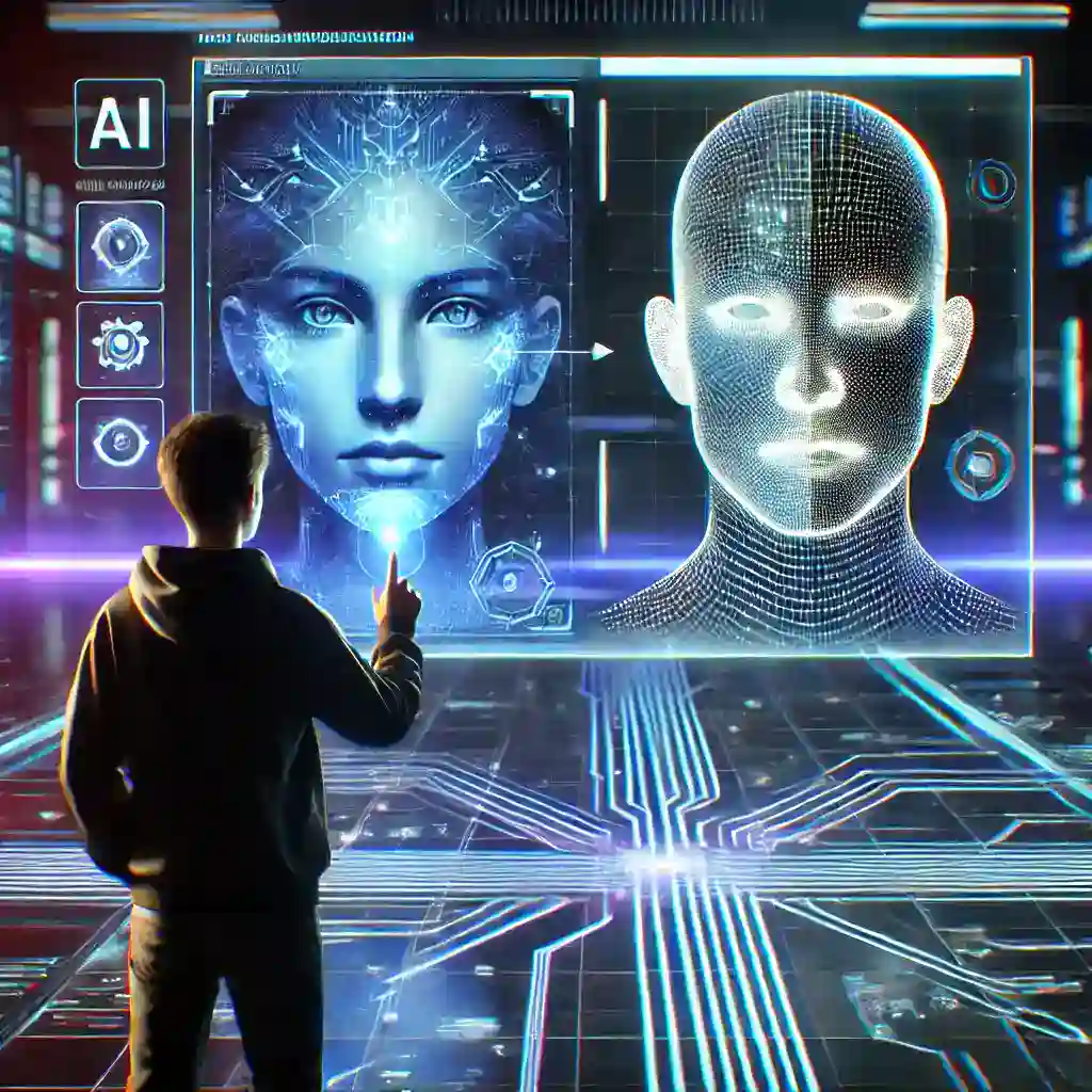 A person stands in front of a holographic screen and enhances a face-swapping video with an AI video enhancer.