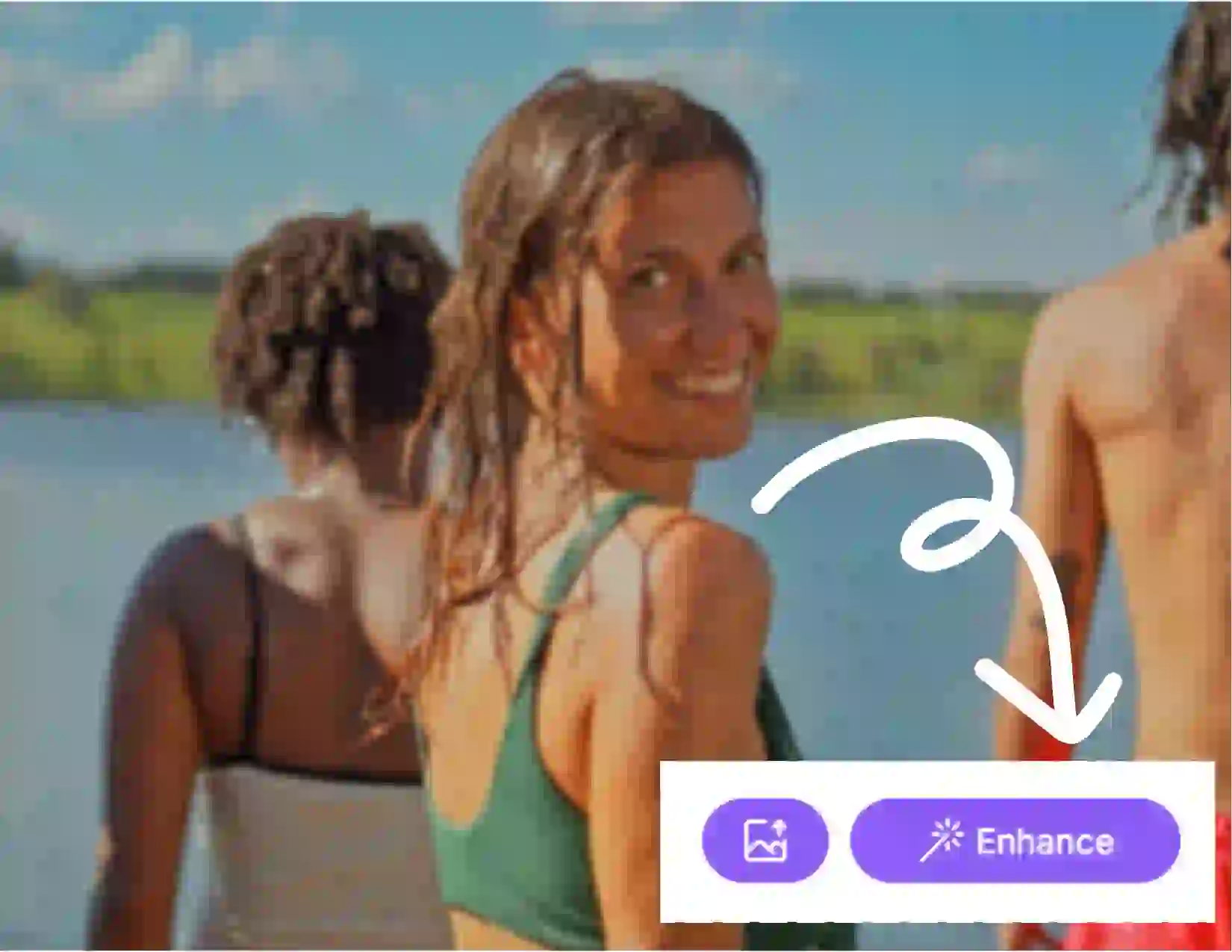 This is ai video enhancer Step 1. You can upload a video that needs to enhance quality. This is a video of a girl and three boys diving at the beach, and the video is a bit blurry.