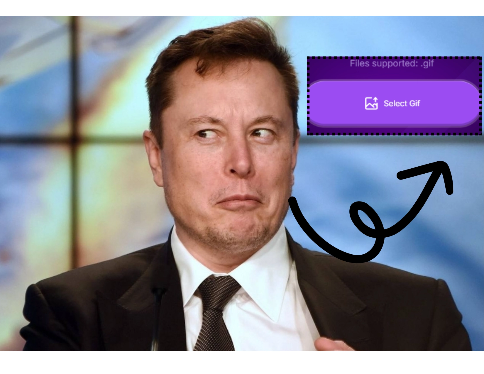 GIF-Face-Swap Tutorial Step 1: You can upload the GIF you want to swap faces in. This funny GIF features Elon Musk making a smirking expression.