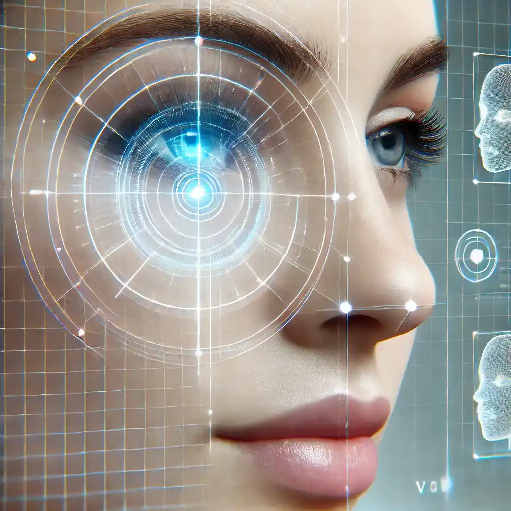 Gros plan d'un visage aux yeux ouverts, entouré d'une interface de haute technologie montrant des points clés et des lignes du visage
