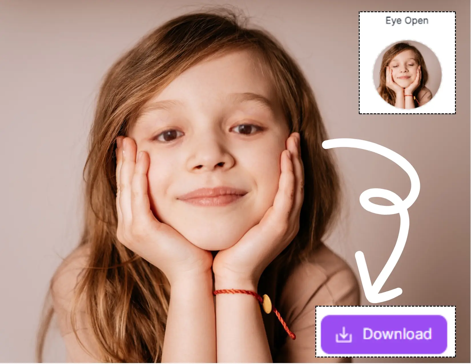 Dette er åbne øjne i foto trin 3.. Når billedet er behandlet, kan du klikke for at downloade fotoet af den lille pige med øjnene åbne.