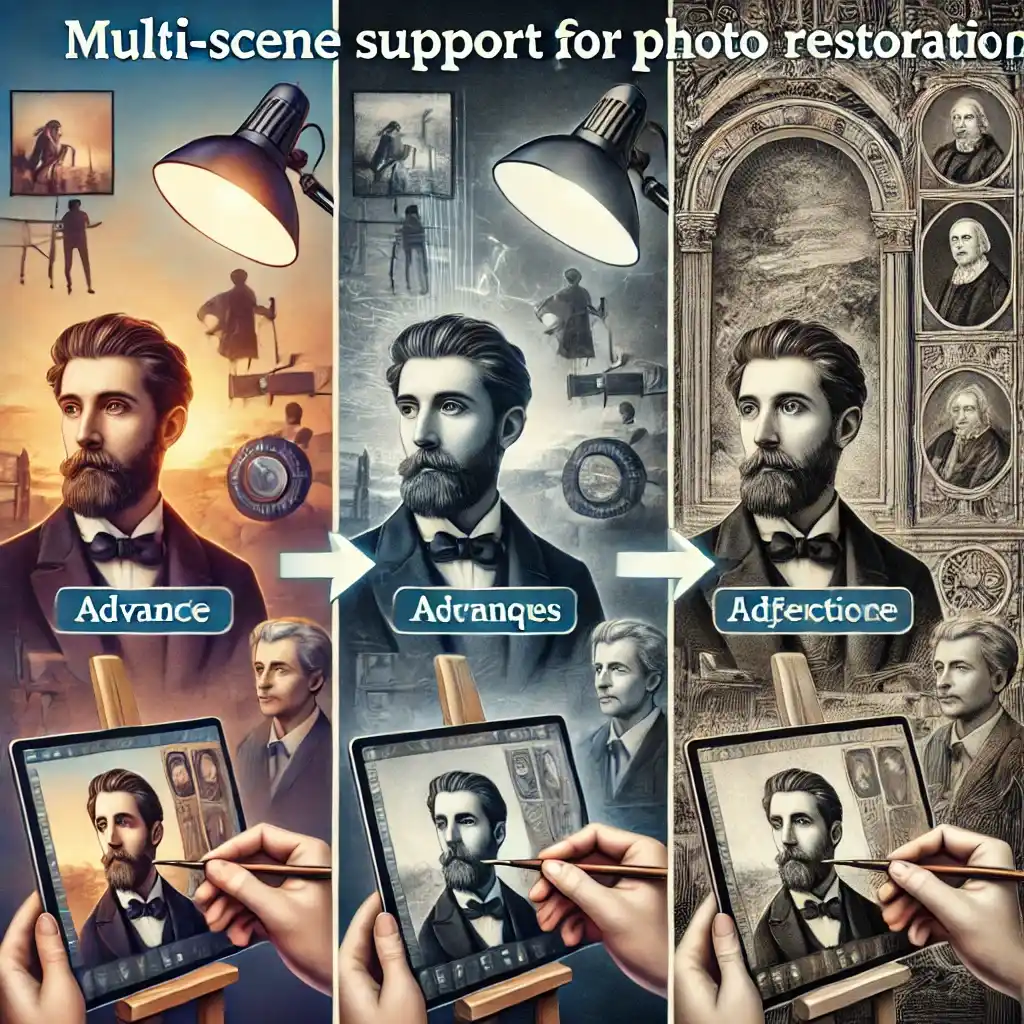 Trois scènes, un selfie à faible luminosité étant amélioré, une photographie historique en noir et blanc en cours de restauration et une peinture d'art obsolète en cours de restauration