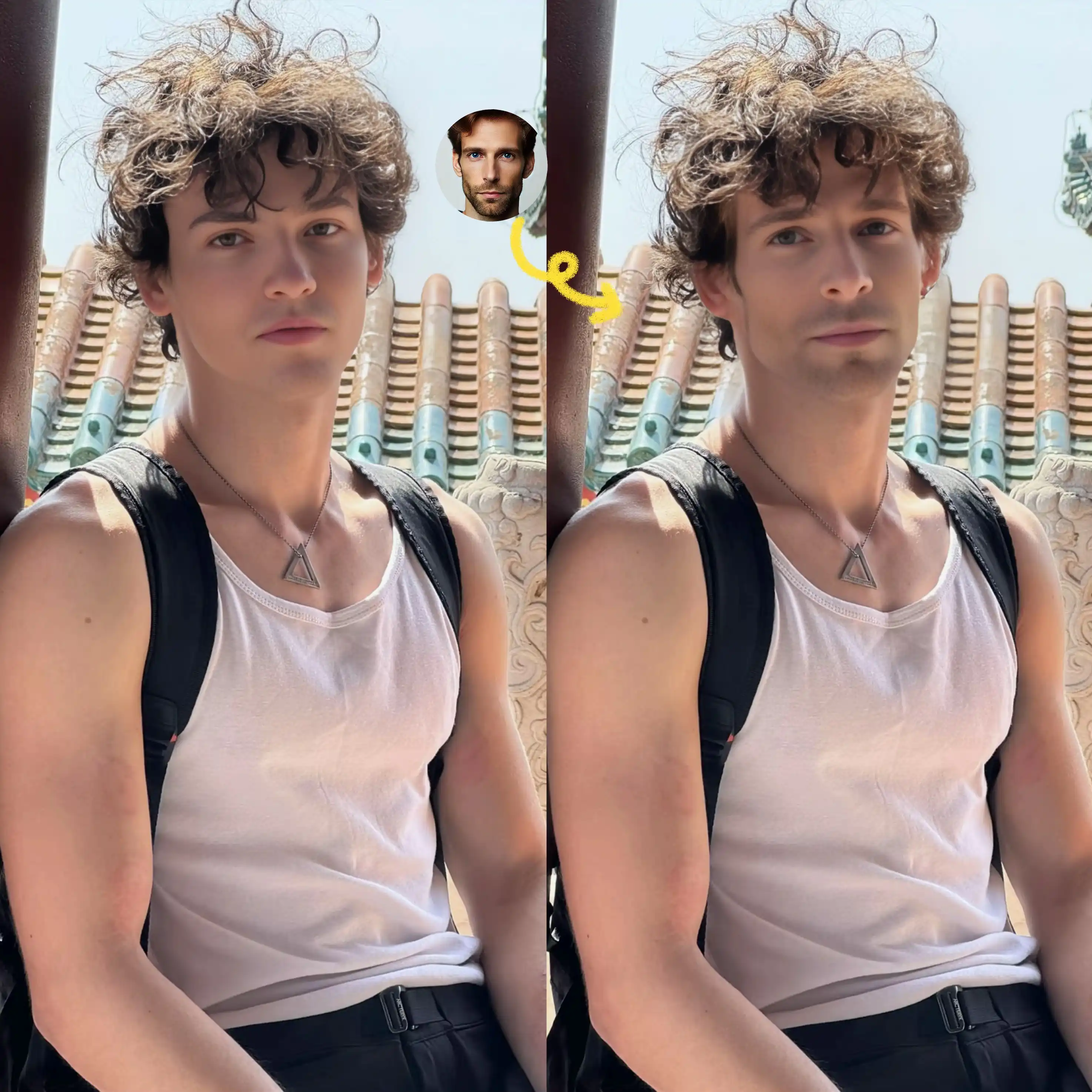 Replace the face of the young handsome man in the white undershirt with the face of a mature man with a beard.