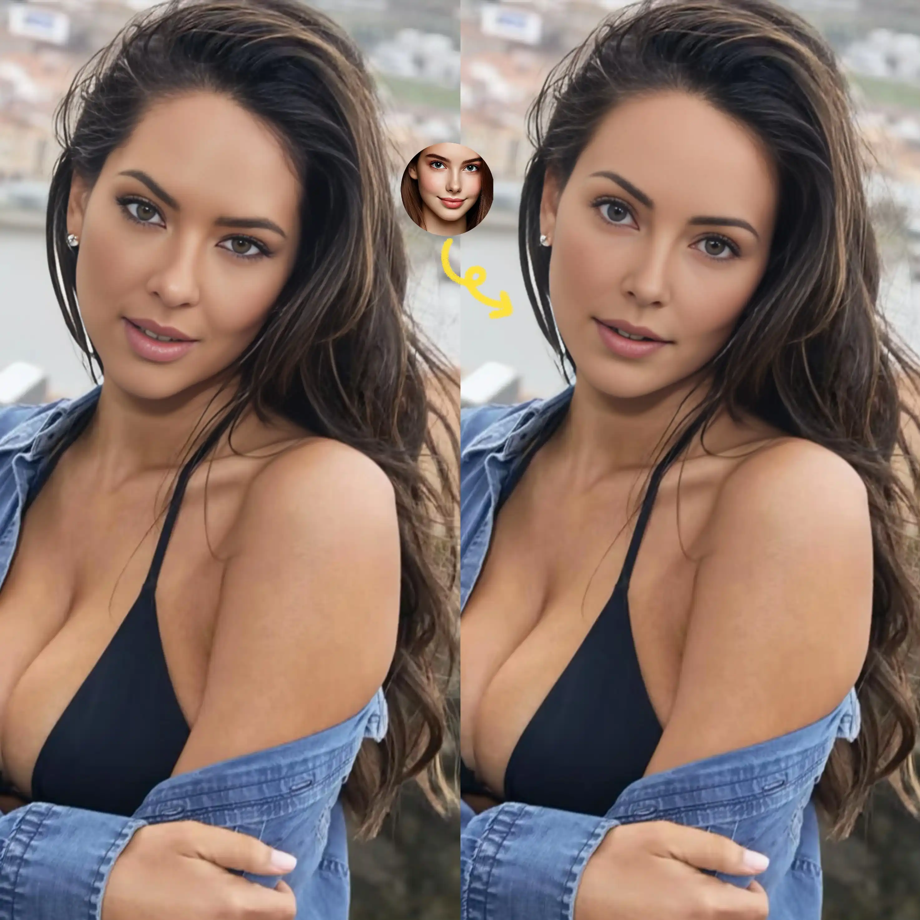 Before and after face swap with strapless beauty.