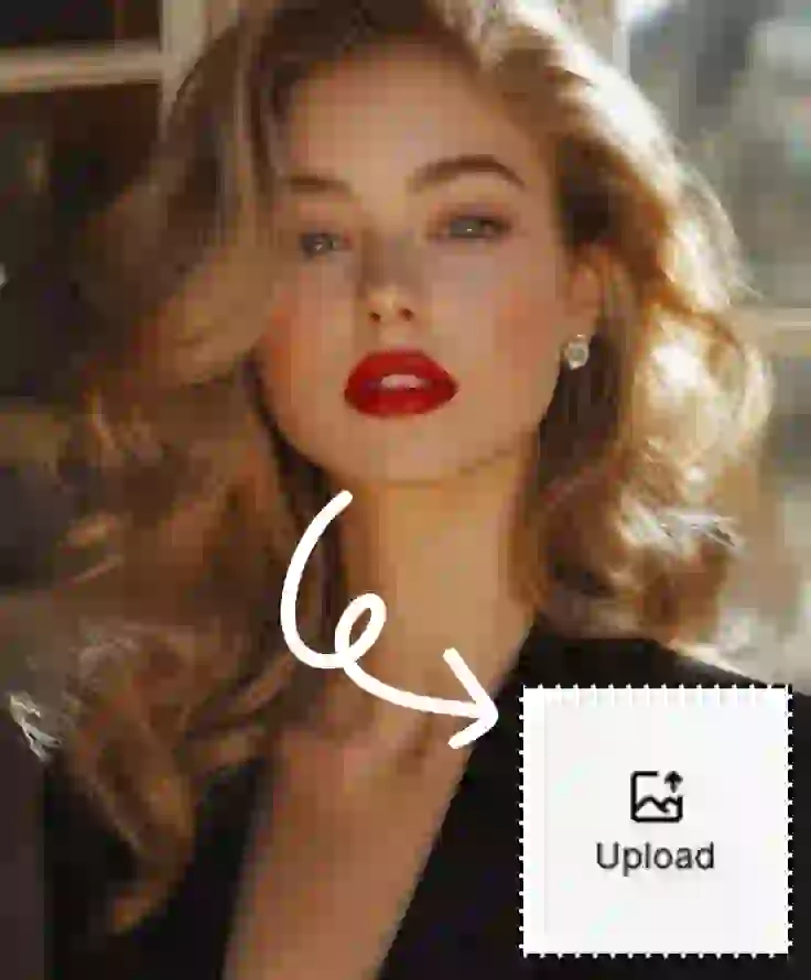 This is step 1 of ai hairstyle online free tutorial. Upload a photo of someone you like or your own portrait. Here, we have a woman with golden, long curly hair, exuding elegance with a delicate makeup look.
