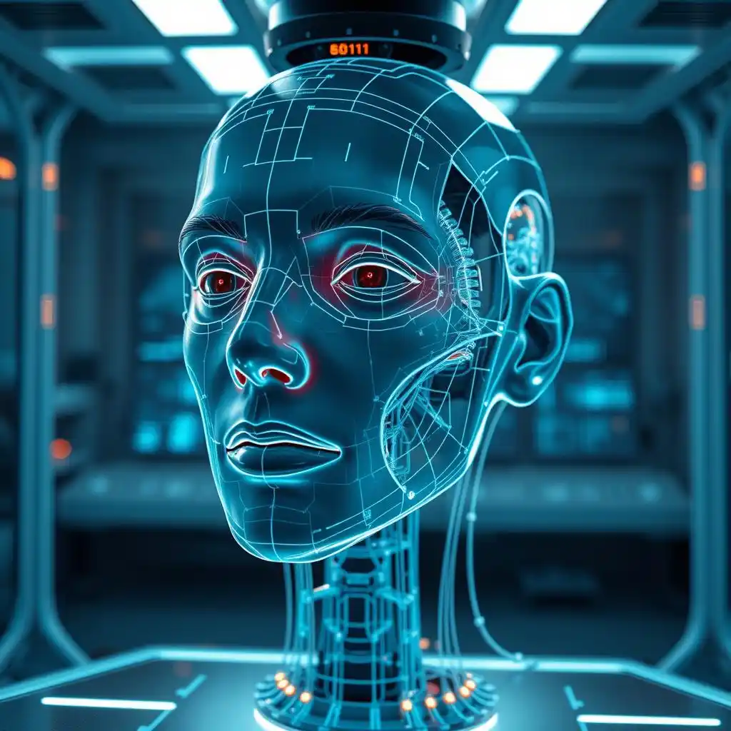 The glowing holographic mesh and 3D facial mapping, suggest facial reconstruction is based on AI.