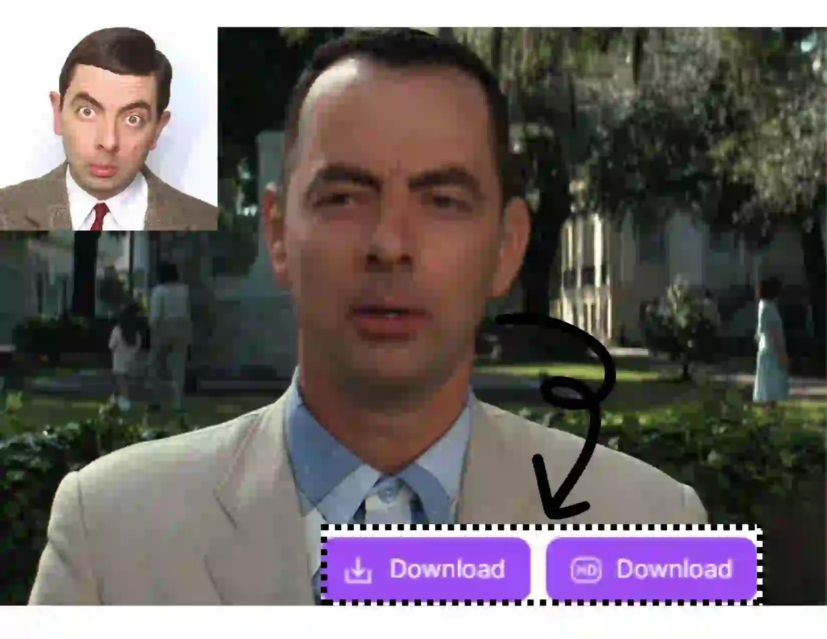 Long Video Face Swap Tutorial Step 3: After the photo is uploaded, you can start the Long Video Face Swap. Mr. Bean's face successfully replaces Forrest Gump's face in the movie. Finally, click the download button at the bottom right.
