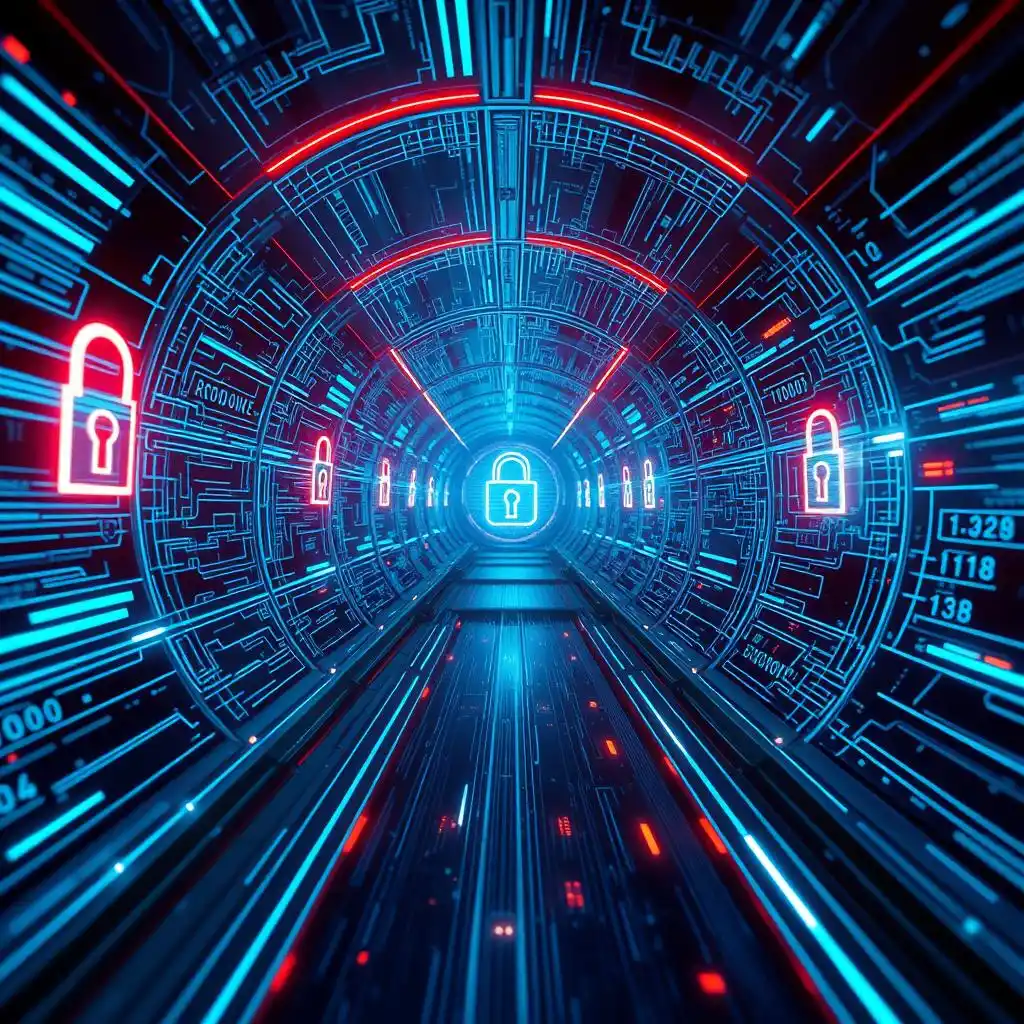 Data flows through secure digital tunnels, with glowing locks and shields floating in the air.