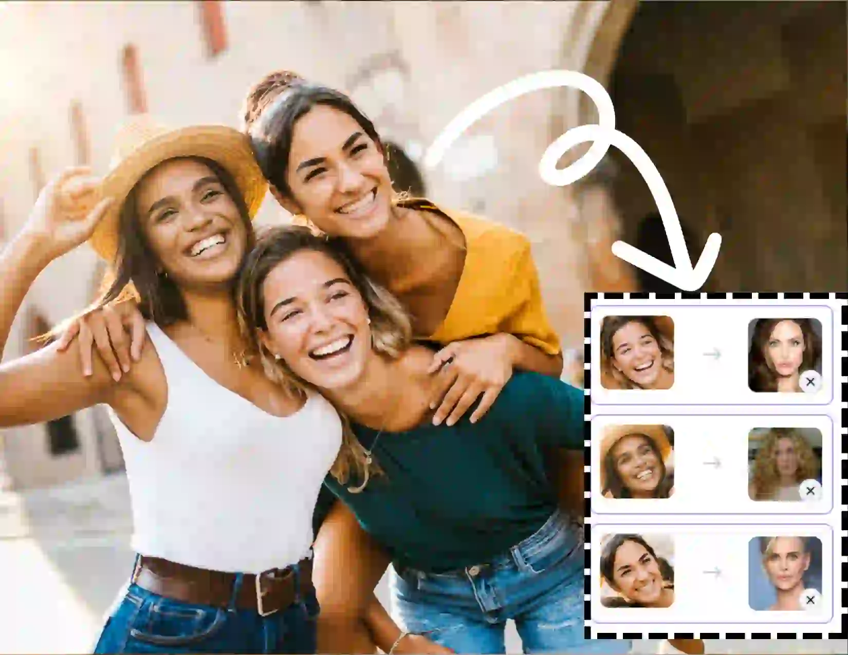 This is multiple face swap Step 2. The AI tool will automatically detect all the faces in the photo. Upload the photos of the faces you want to swap in, here we are using photos of three female celebrities: Angelina Jolie, Charlize Theron, and Sarah Jessica Parker.