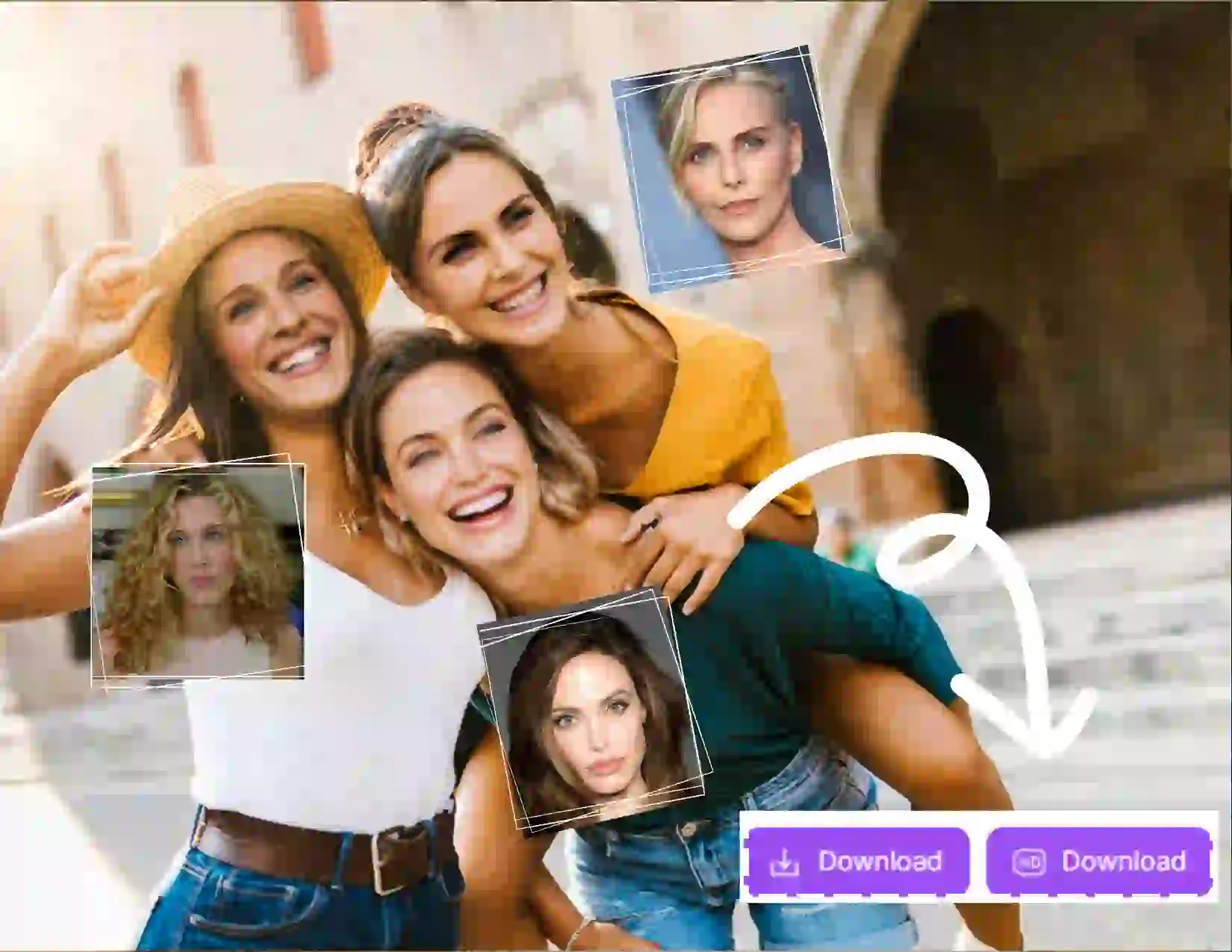 This is multiple face swap Step 3. Once the upload is complete, you can start the multiple face swap. Finally, download the photo where the faces of the three girls have been seamlessly replaced with those of the three celebrities.