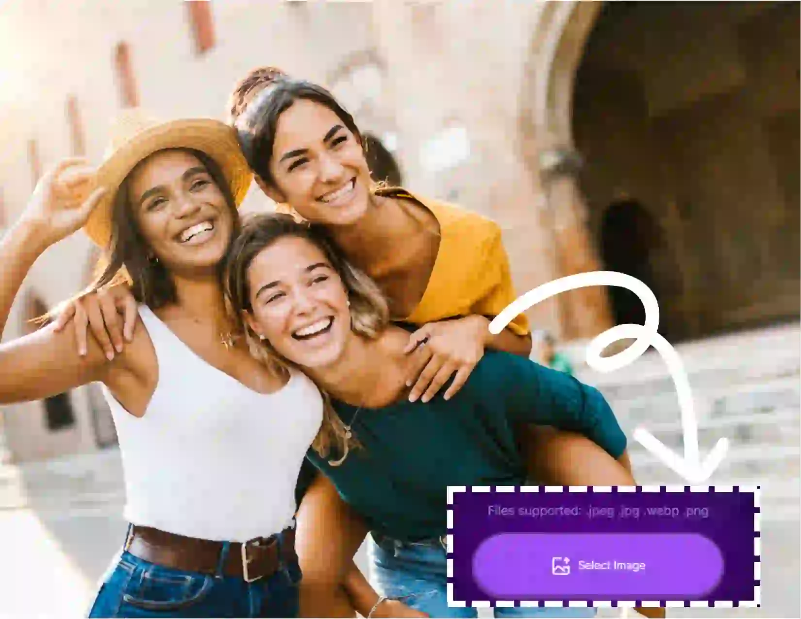 This is multiple face swap Step 1. You can upload a group photo or a photo with two or more people. This is a photo of three girls hugging each other with big smiles on their faces.